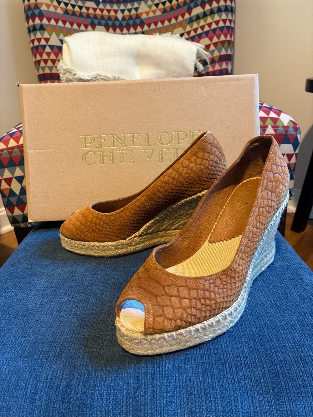 Penelope Chilvers peep toe espadrille in tan snake print suede size 36